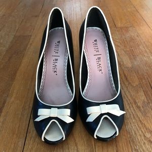 White | Black Leather Peep-Toe Pinup Pumps
